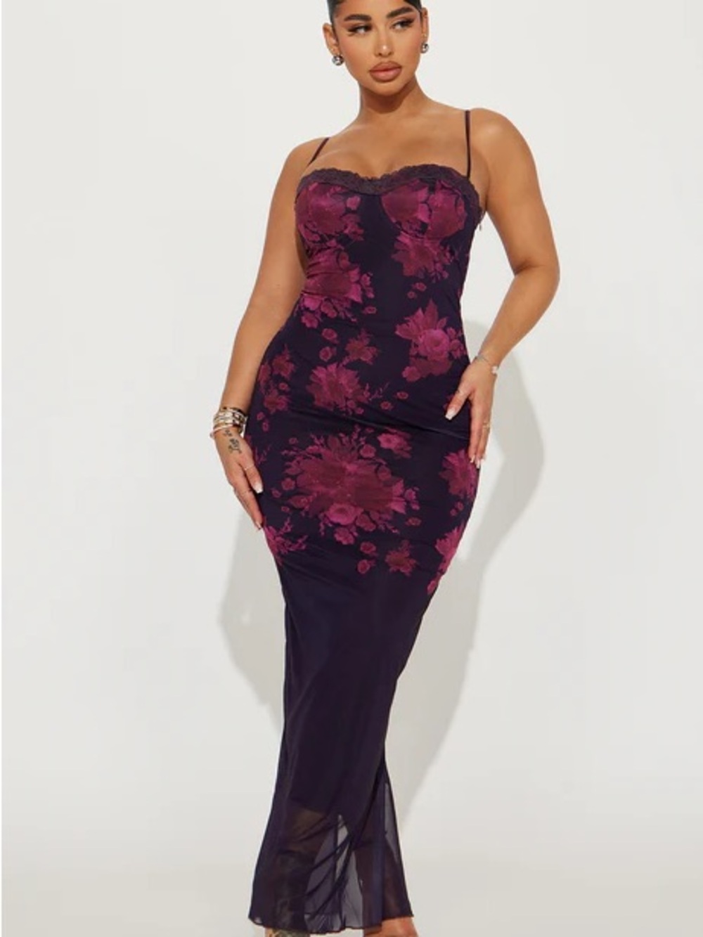 Missguided Purple Floral Lace-Trim Midi Dress